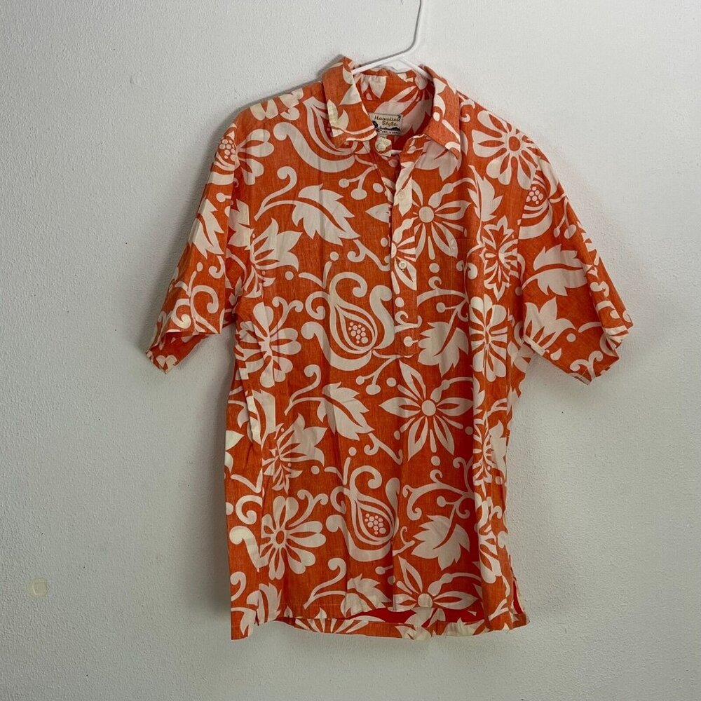 Hawaiian Style Mens Orange White Floral Aloha Shirt Large Half-Button Pullover